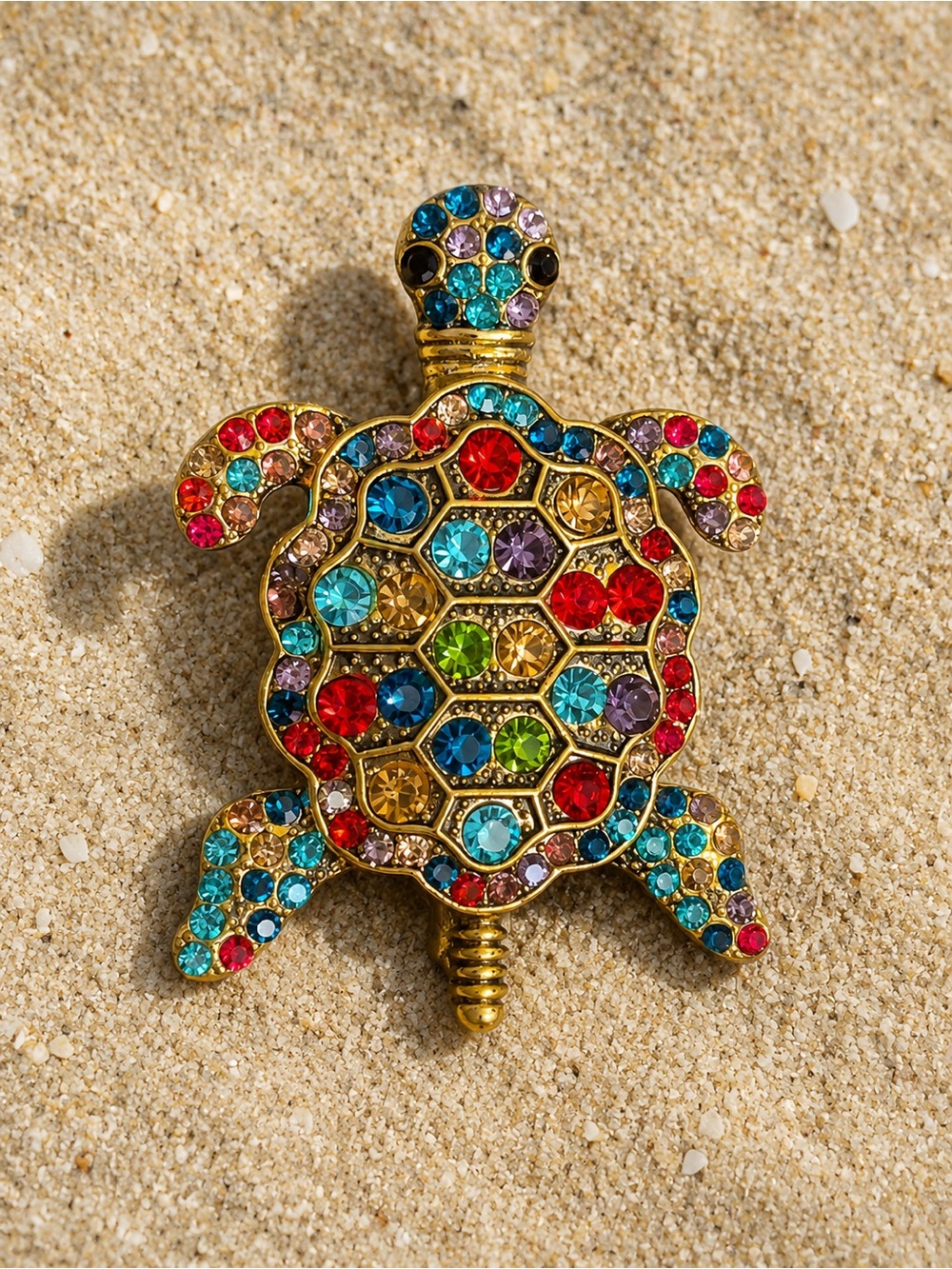 Gold-Tone Multicolor Turtle Brooch with Sparkling Crystals